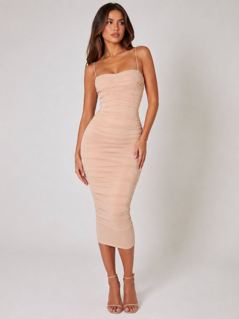 House of CB Railea Nude Taupe Corset Ruched Midi‎ Sheer Chiffon Dress